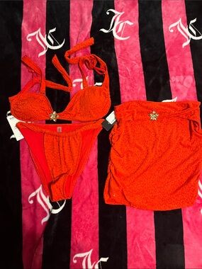 bebe Red Floral Lace Bikini Set with Skirt and Gold Accent